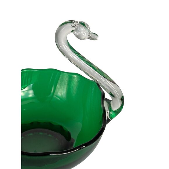 Vintage Green Glass Swan Bowl Clear Neck Jewelry Box Nut & Candy Home Decor - Picture 3 of 10
